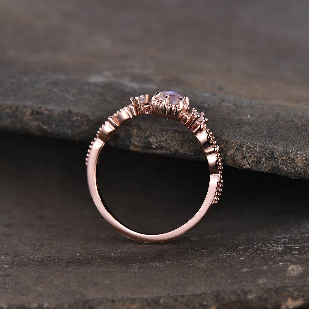 Dainty Moonstone Ring, Rainbow Moonstone Wedding Ring, Rose Gold Engagement Ring, Art Deco Ring, Minimalist Ring, Promise Ring