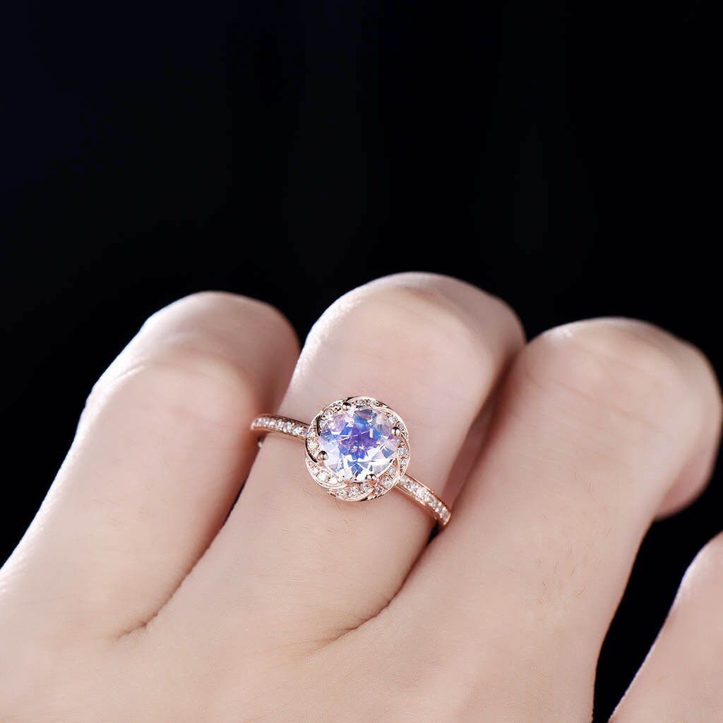 Art Deco Moonstone Ring, Rose Gold Moonstone Ring, Rainbow Moonstone Engagement Ring, Gemstone Ring, Anniversary Gift For Her