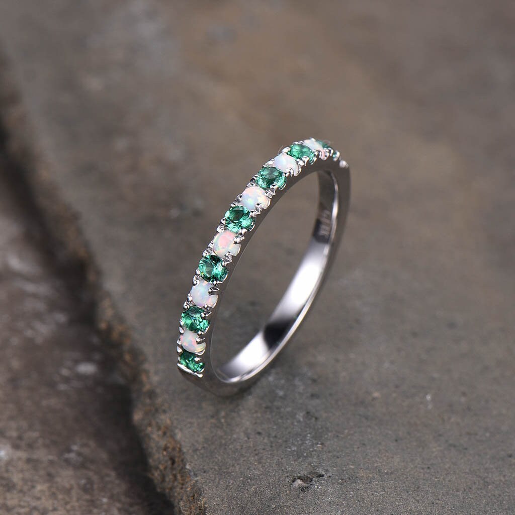 Emerald Opal Wedding Band, Half Eternity 2mm Opal Stacking Band, Silver Wedding Ring, Gemstone Band, Birthstone Ring, Anniversary Gift