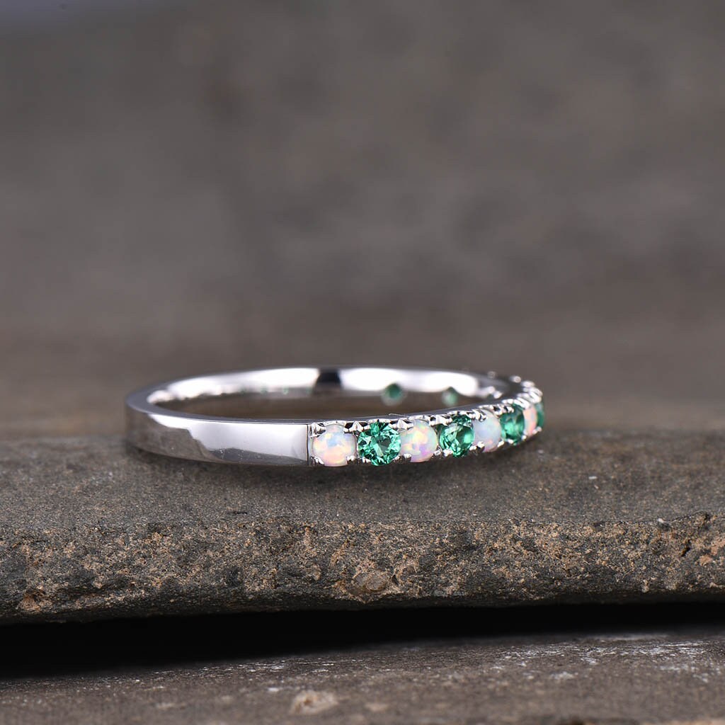 Emerald Opal Wedding Band, Half Eternity 2mm Opal Stacking Band, Silver Wedding Ring, Gemstone Band, Birthstone Ring, Anniversary Gift
