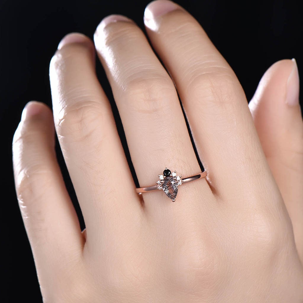 Dainty Black Rutilated Quartz Engagement Ring Set Rose Gold Art Deco Moissanite Stacking Band Minimalist Ring Unique Wedding Bridal Ring Set