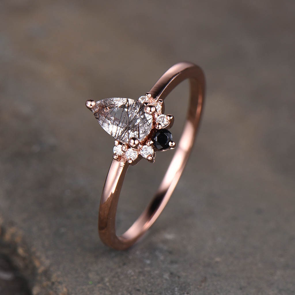 Pear shaped Black Rutilated Quartz Engagement Ring Rose Gold Rings for Women Vintage Ring Dainty Wedding Ring Art Deco Ring Promise Ring