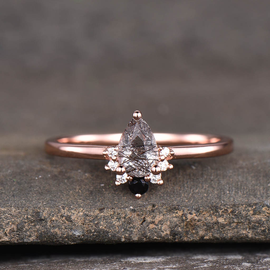 Dainty Black Rutilated Quartz Engagement Ring Set Rose Gold Art Deco Moissanite Stacking Band Minimalist Ring Unique Wedding Bridal Ring Set
