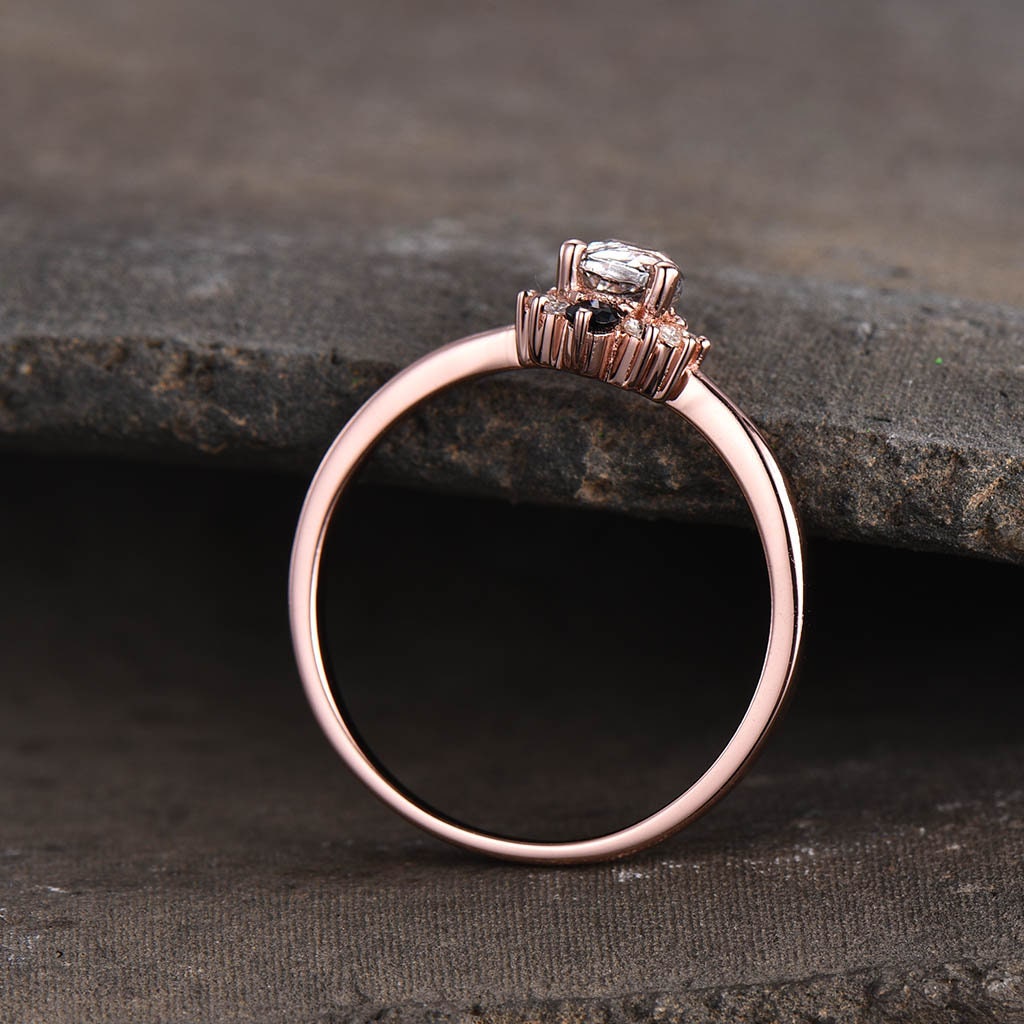 Pear shaped Black Rutilated Quartz Engagement Ring Rose Gold Rings for Women Vintage Ring Dainty Wedding Ring Art Deco Ring Promise Ring