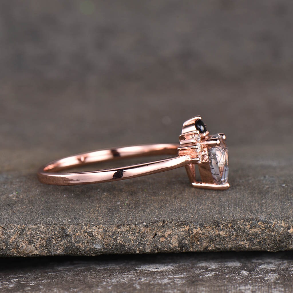Pear shaped Black Rutilated Quartz Engagement Ring Rose Gold Rings for Women Vintage Ring Dainty Wedding Ring Art Deco Ring Promise Ring