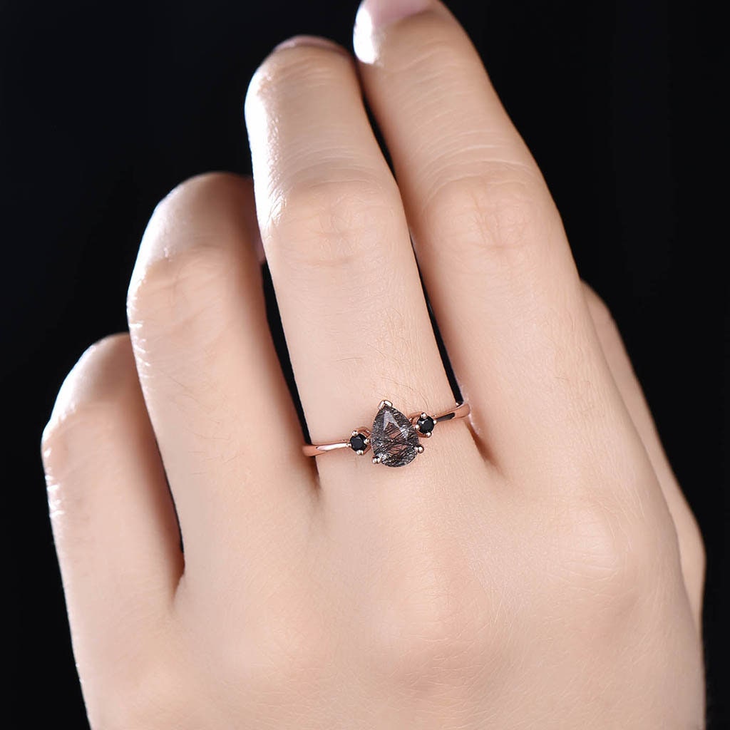 Black Quartz Rutilated Engagement Ring Dainty Rose Gold Ring Black Gemstone Ring Antique Bridal Ring Anniversary Gift Handmade Ring