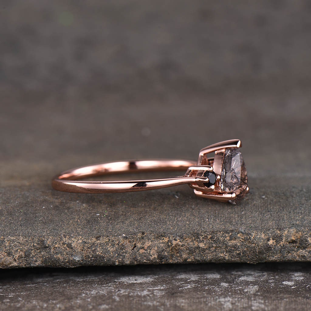Black Quartz Rutilated Engagement Ring Dainty Rose Gold Ring Black Gemstone Ring Antique Bridal Ring Anniversary Gift Handmade Ring