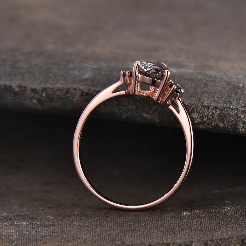 Black Quartz Rutilated Engagement Ring Dainty Rose Gold Ring Black Gemstone Ring Antique Bridal Ring Anniversary Gift Handmade Ring