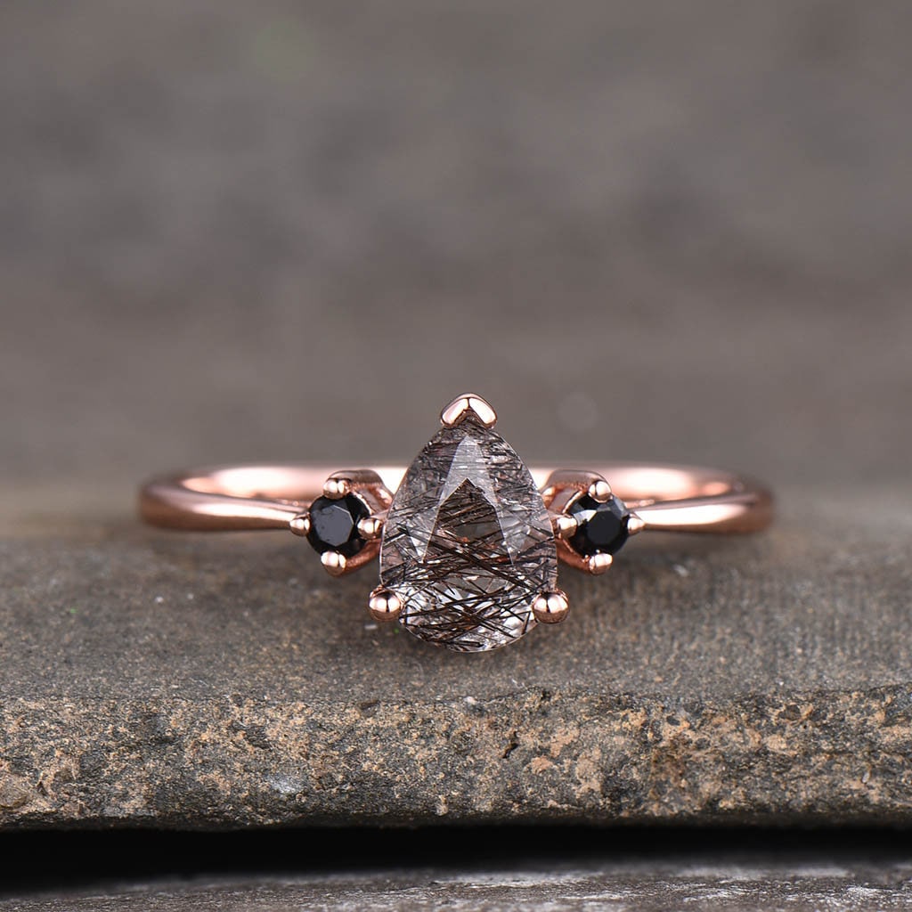 Black Quartz Rutilated Engagement Ring Dainty Rose Gold Ring Black Gemstone Ring Antique Bridal Ring Anniversary Gift Handmade Ring