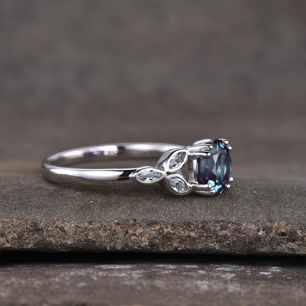 Alexandrite Ring, Sterling Silver Ring, Round Alexandrite Engagement Ring, Marquise Aquamarine Cluster Ring, Promise Ring, June Birthstone