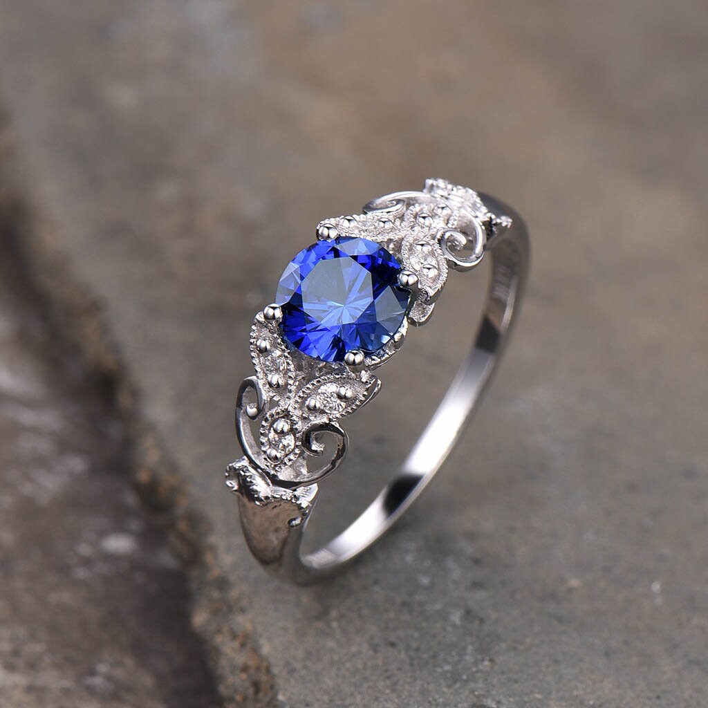 Antique Sapphire Ring, 925 Sterling Silver Sapphire Engagement Ring, Vintage Blue Sapphire Ring, September Birthstone, Gift for Her