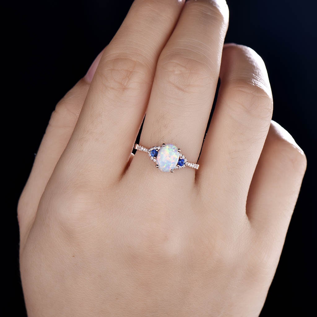 White Opal Ring Opal Sapphire Engagement Ring Rose Gold Women Wedding Ring Oval Opal Ring October Birthstone Ring Bridal Anniversary gift