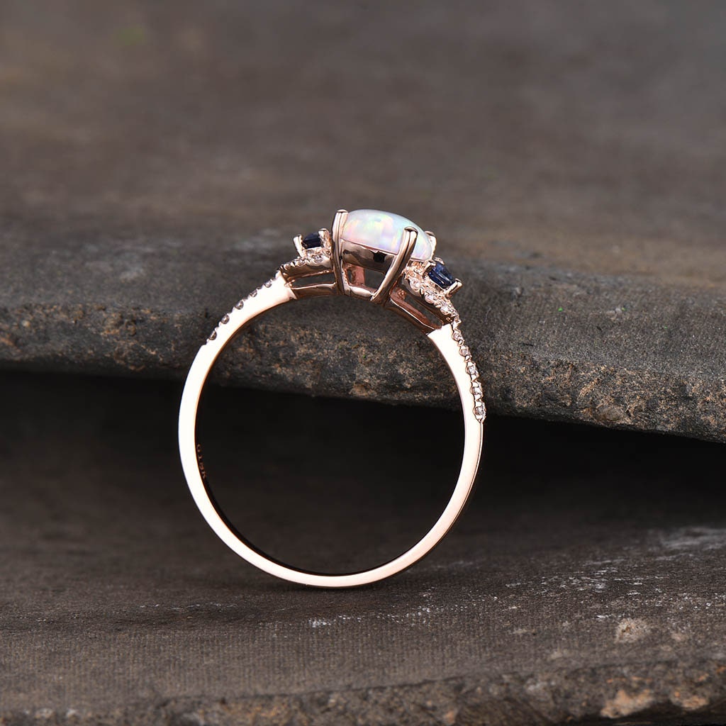 White Opal Ring Opal Sapphire Engagement Ring Rose Gold Women Wedding Ring Oval Opal Ring October Birthstone Ring Bridal Anniversary gift
