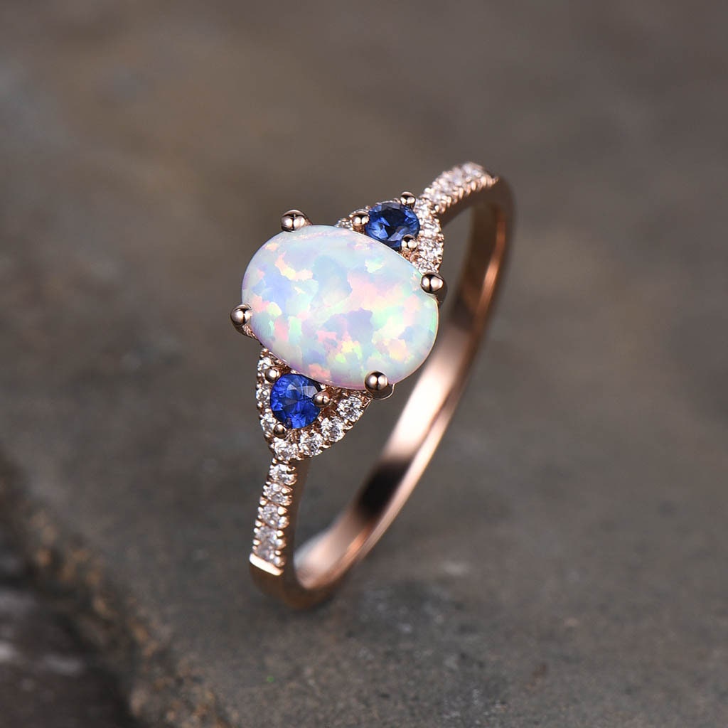 White Opal Ring Opal Sapphire Engagement Ring Rose Gold Women Wedding Ring Oval Opal Ring October Birthstone Ring Bridal Anniversary gift