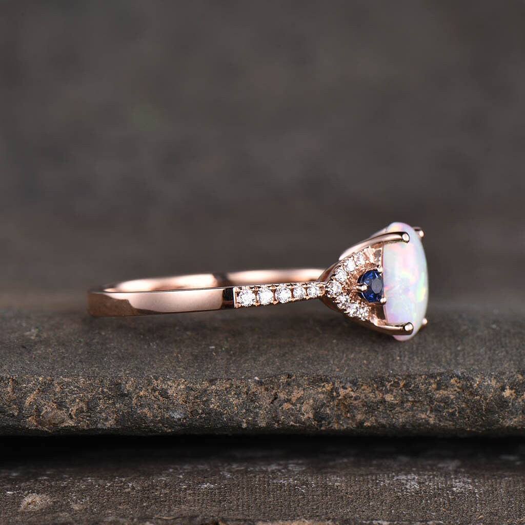 White Opal Ring Opal Sapphire Engagement Ring Rose Gold Women Wedding Ring Oval Opal Ring October Birthstone Ring Bridal Anniversary gift