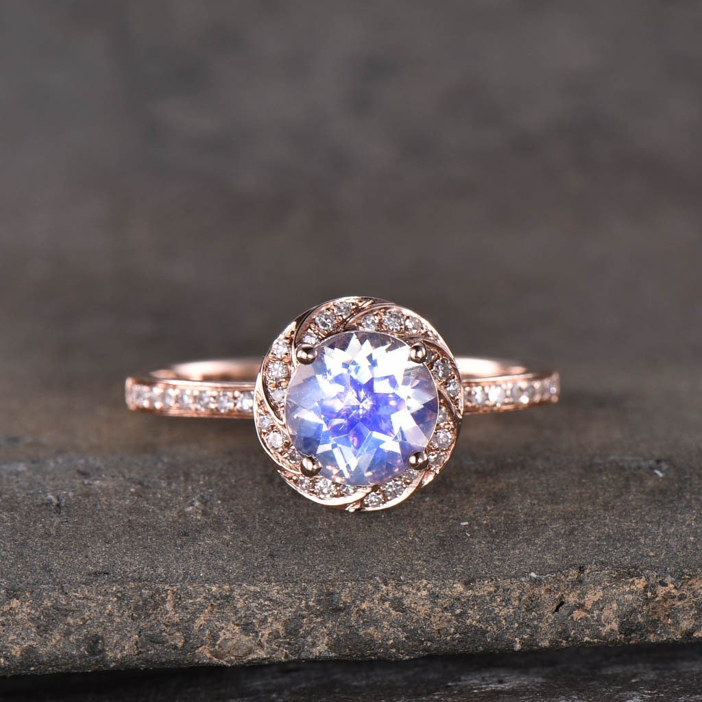 Art Deco Moonstone Ring, Rose Gold Moonstone Ring, Rainbow Moonstone Engagement Ring, Gemstone Ring, Anniversary Gift For Her