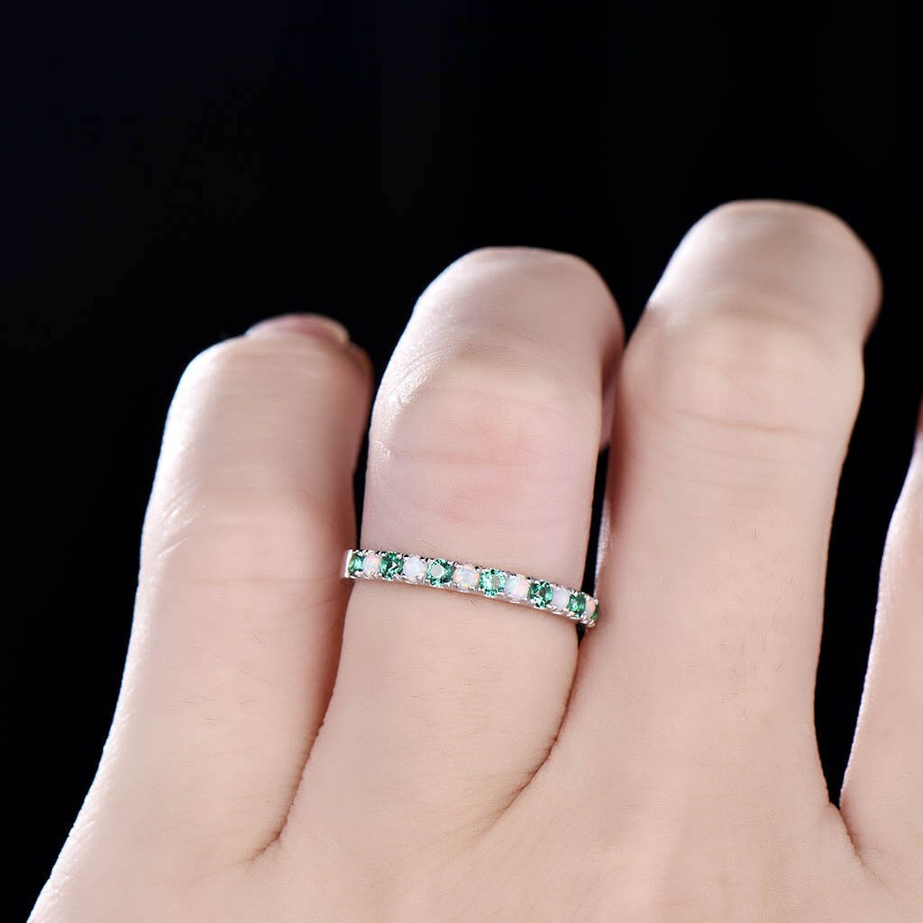 Emerald Opal Wedding Band, Half Eternity 2mm Opal Stacking Band, Silver Wedding Ring, Gemstone Band, Birthstone Ring, Anniversary Gift