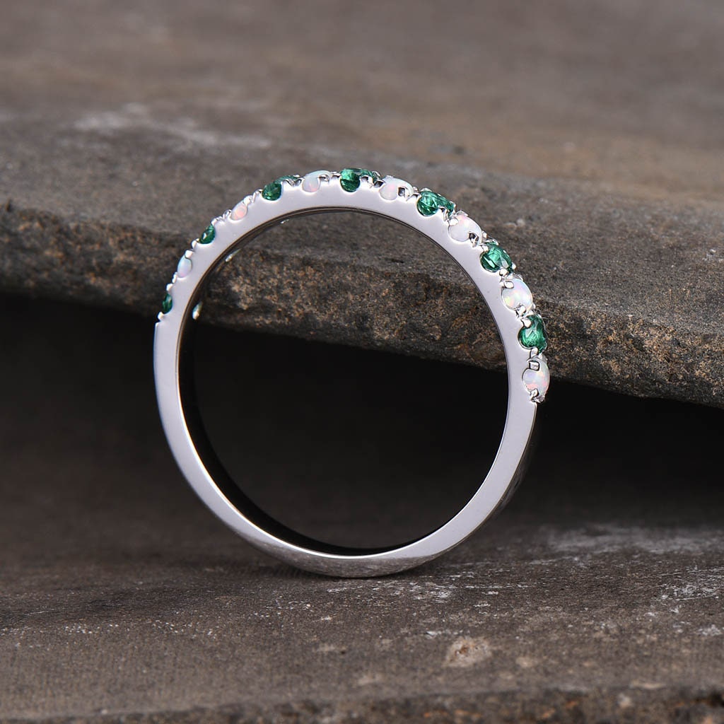 Emerald Opal Wedding Band, Half Eternity 2mm Opal Stacking Band, Silver Wedding Ring, Gemstone Band, Birthstone Ring, Anniversary Gift