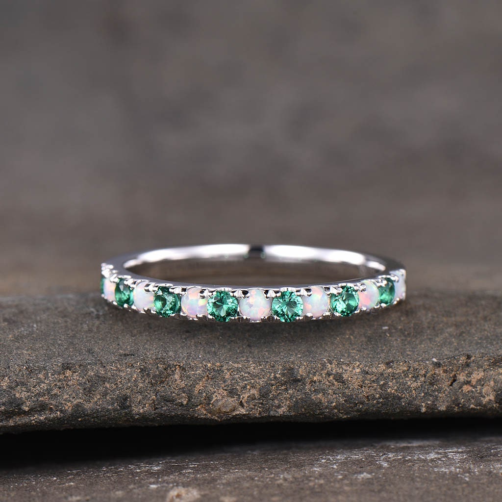 Emerald Opal Wedding Band, Half Eternity 2mm Opal Stacking Band, Silver Wedding Ring, Gemstone Band, Birthstone Ring, Anniversary Gift