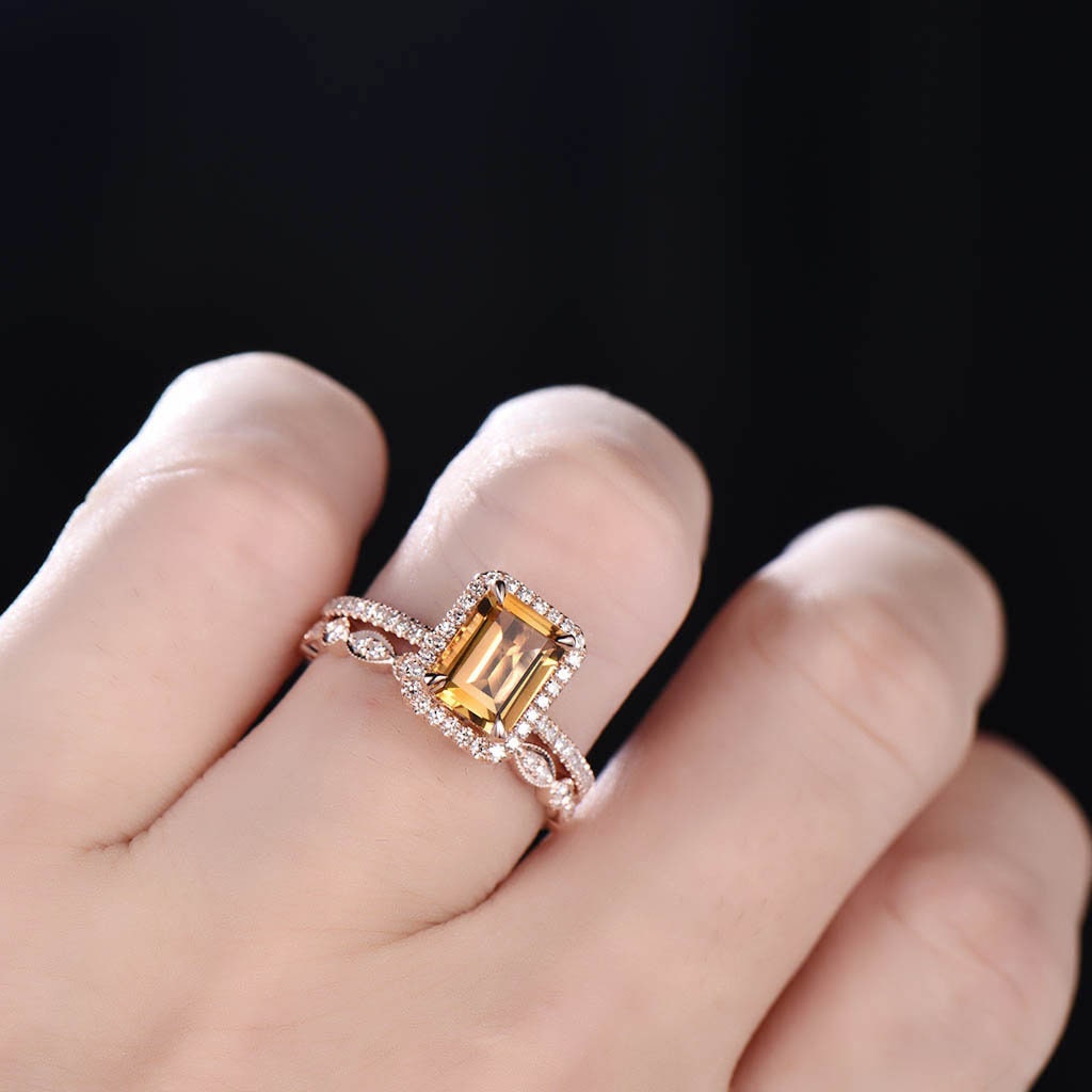 Citrine Ring for Women, November Birthstone, Citrine Wedding Ring Set, Emerald Cut Citrine Gemstone Ring, Eternity Wedding Band, Art Deco