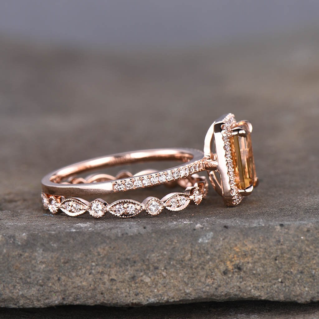 Vintage Emerald cut black rutilated quartz engagement ring set 14k rose gold art deco wedding ring for women unique bridal promise ring set