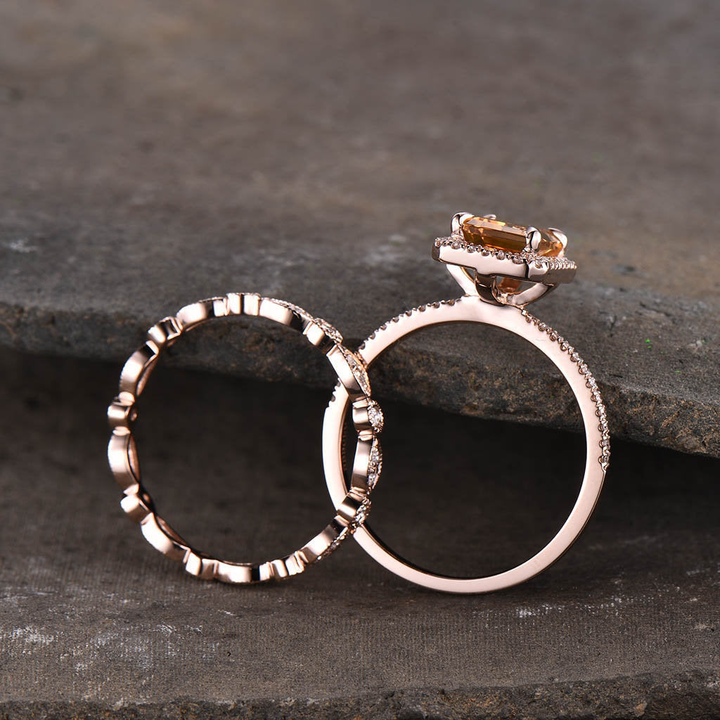 Vintage Emerald cut black rutilated quartz engagement ring set 14k rose gold art deco wedding ring for women unique bridal promise ring set