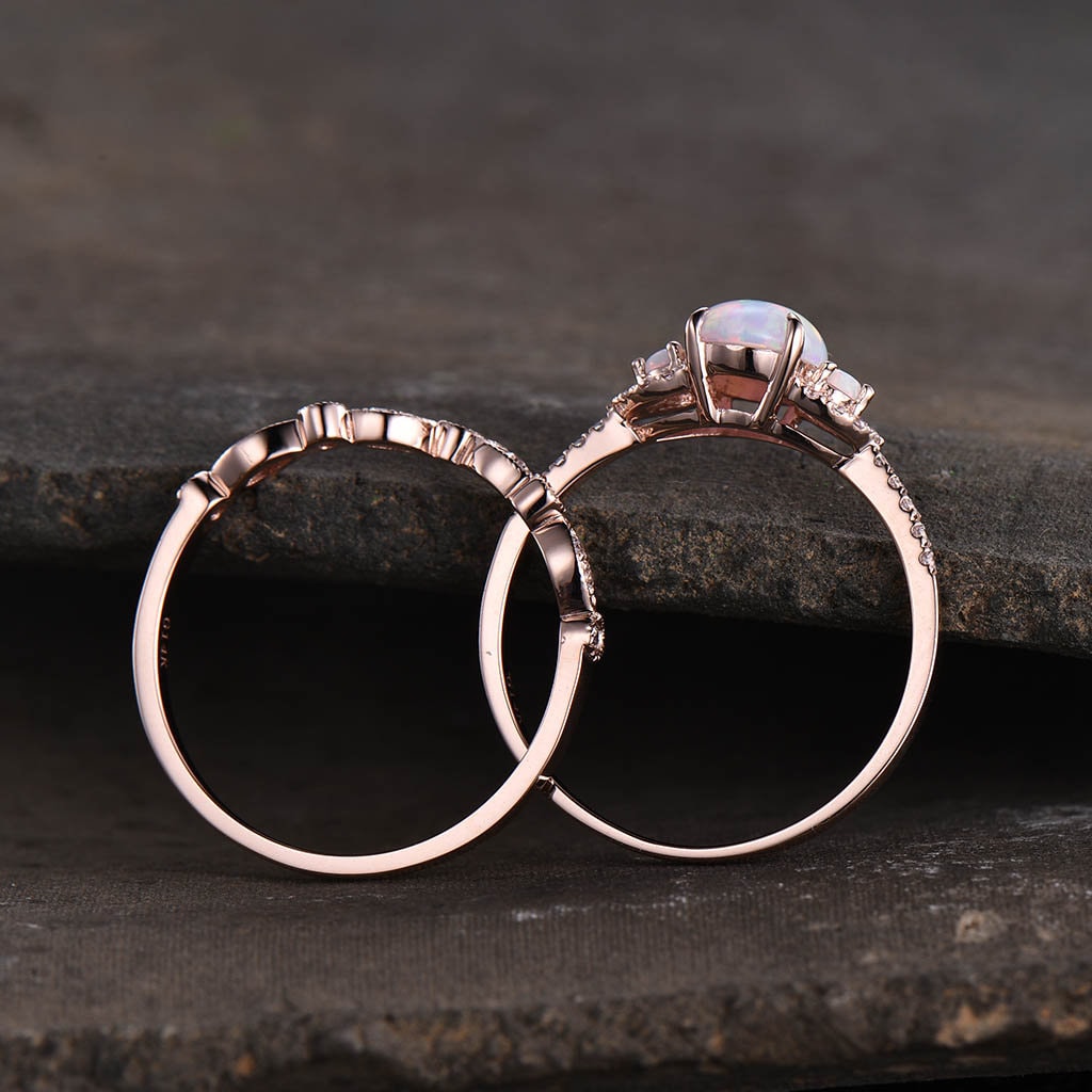 Vintage Ruby Bridal Set/ Oval Ruby Engagement Ring Set/ 14K Rose Gold Rings/ Engagement Promise Ring/ July Birthstone/ Anniversary Gift