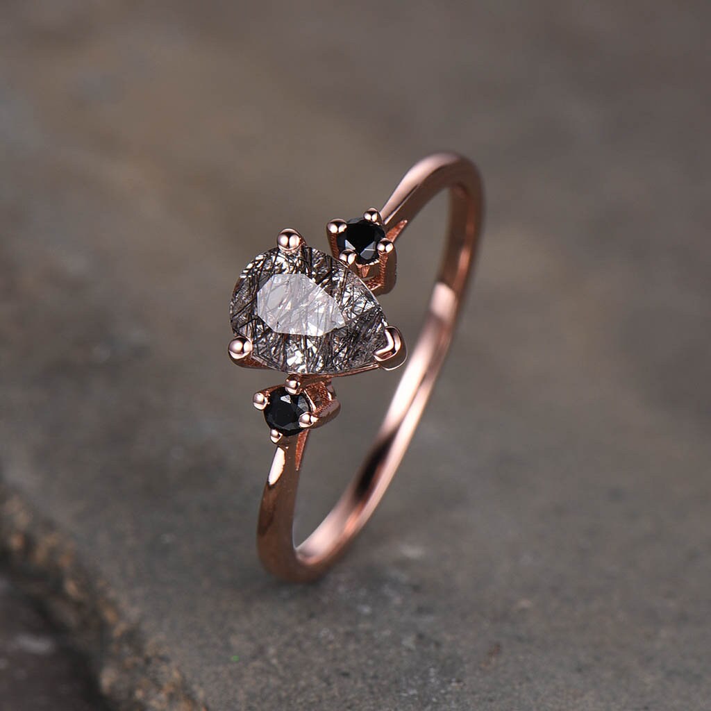 Black Quartz Rutilated Engagement Ring Dainty Rose Gold Ring Black Gemstone Ring Antique Bridal Ring Anniversary Gift Handmade Ring