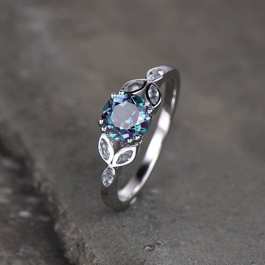 Alexandrite Ring, Sterling Silver Ring, Round Alexandrite Engagement Ring, Marquise Aquamarine Cluster Ring, Promise Ring, June Birthstone