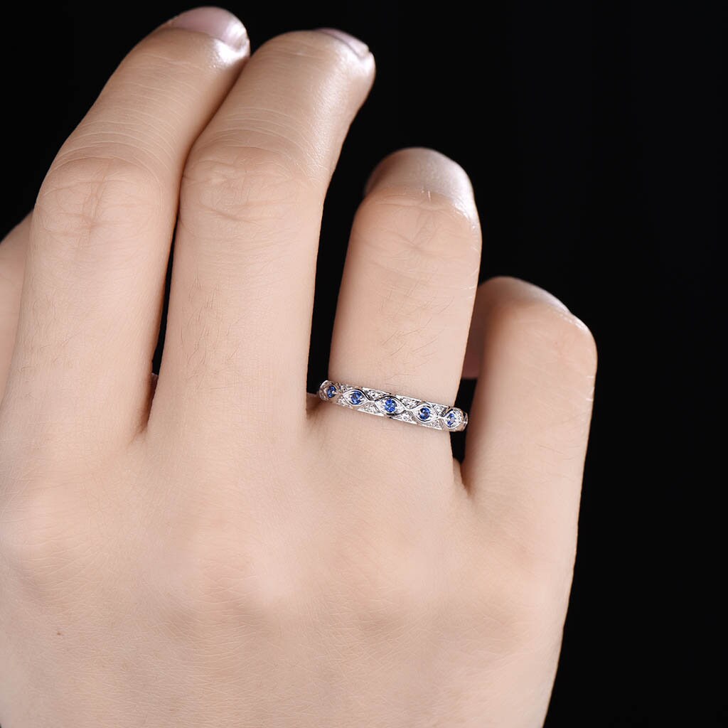 Antique Sapphire Wedding Band 925 Sterling Silver Vintage Wedding Ring September Birthstone Stacking Ring Anniversary Gift for Her Handmade