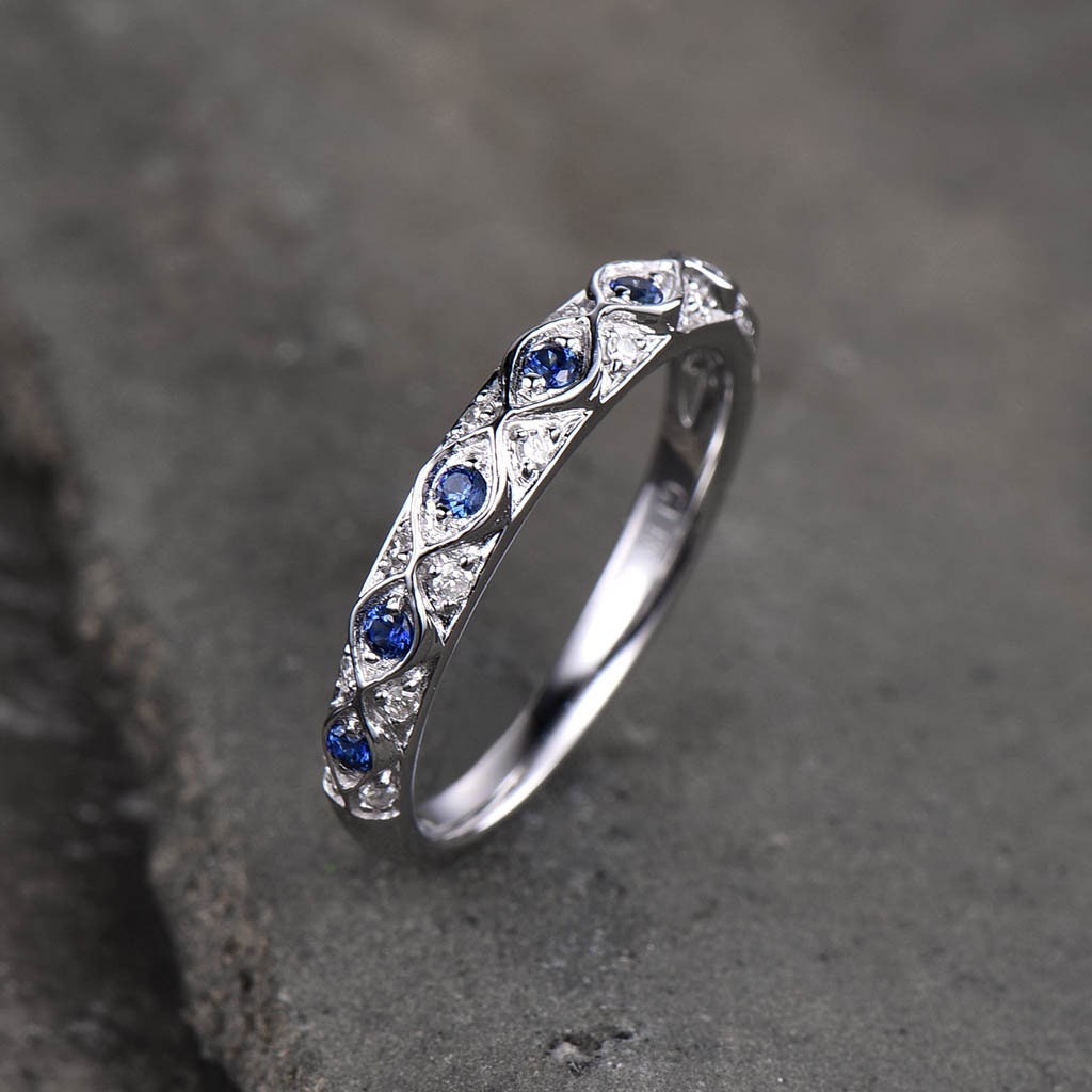 Antique Sapphire Wedding Band 925 Sterling Silver Vintage Wedding Ring September Birthstone Stacking Ring Anniversary Gift for Her Handmade