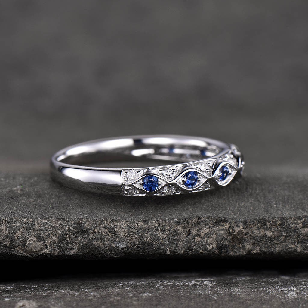 Antique Sapphire Wedding Band 925 Sterling Silver Vintage Wedding Ring September Birthstone Stacking Ring Anniversary Gift for Her Handmade