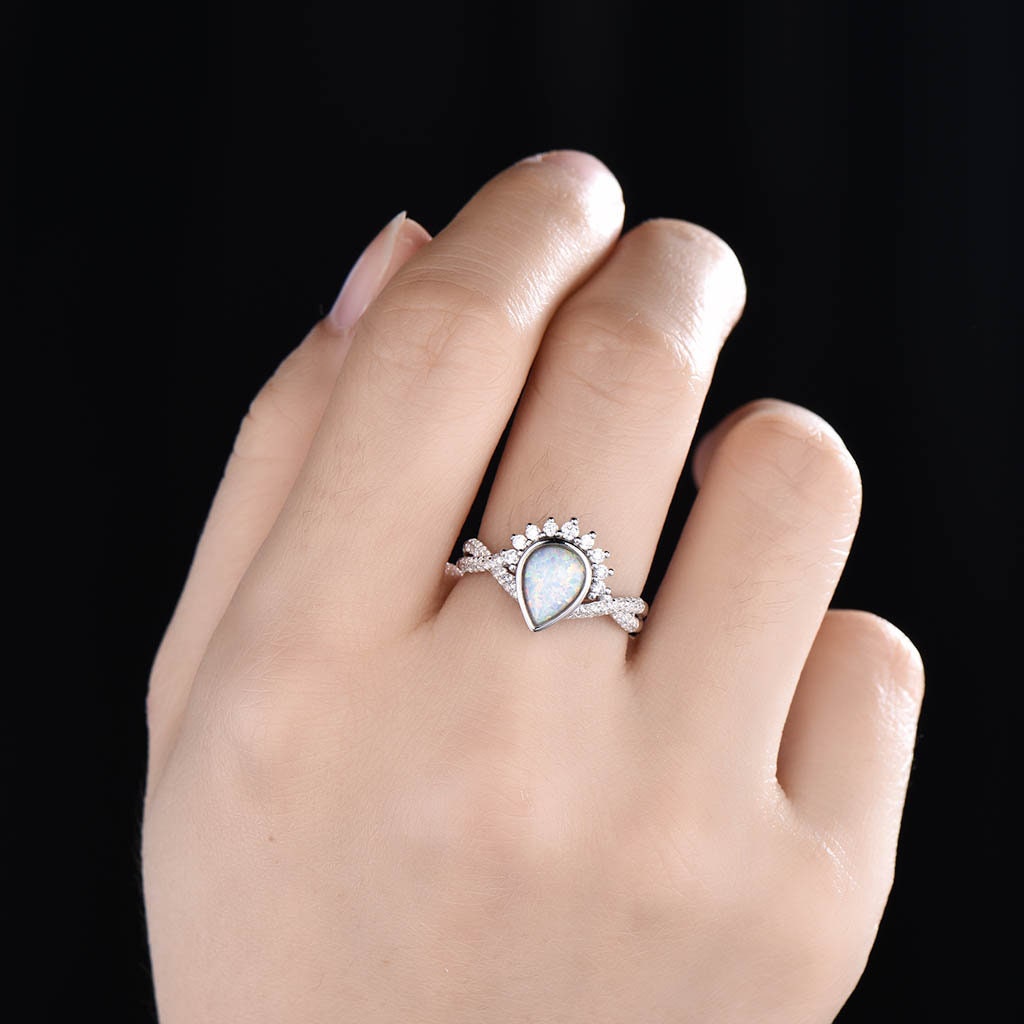 Opal Engagement Ring Set, Pear Shaped White Fire Opal Ring, Opal Wedding Ring Set, Statement Ring, Stacking Ring, Bridal Set, White Gold