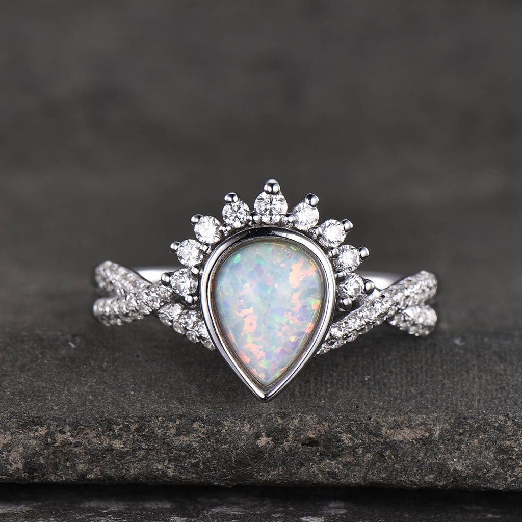 Opal Engagement Ring Set, Pear Shaped White Fire Opal Ring, Opal Wedding Ring Set, Statement Ring, Stacking Ring, Bridal Set, White Gold