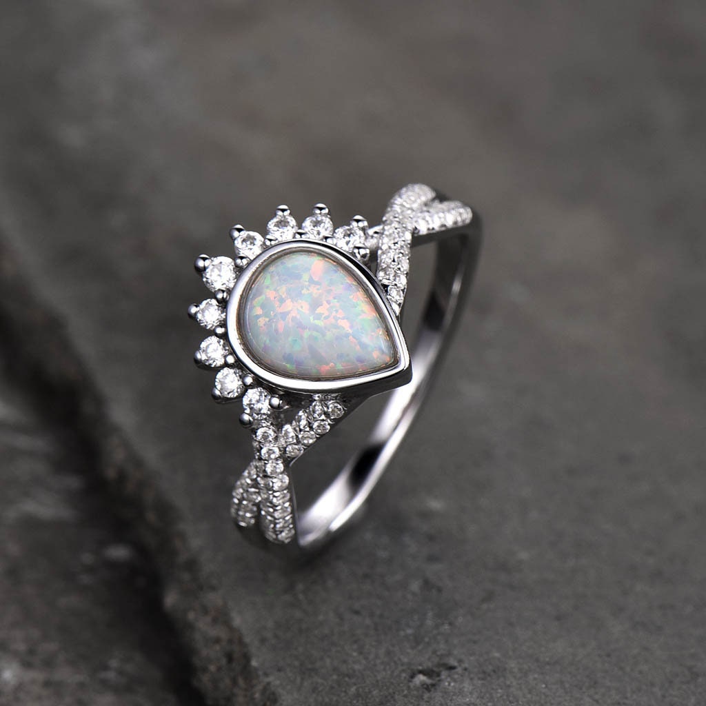 Opal Engagement Ring Set, Pear Shaped White Fire Opal Ring, Opal Wedding Ring Set, Statement Ring, Stacking Ring, Bridal Set, White Gold