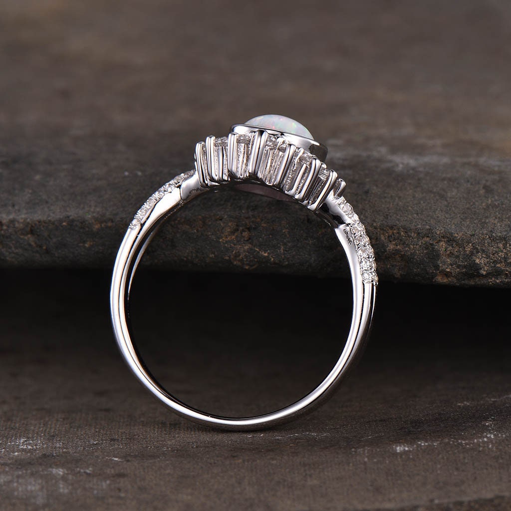 Opal Engagement Ring Set, Pear Shaped White Fire Opal Ring, Opal Wedding Ring Set, Statement Ring, Stacking Ring, Bridal Set, White Gold