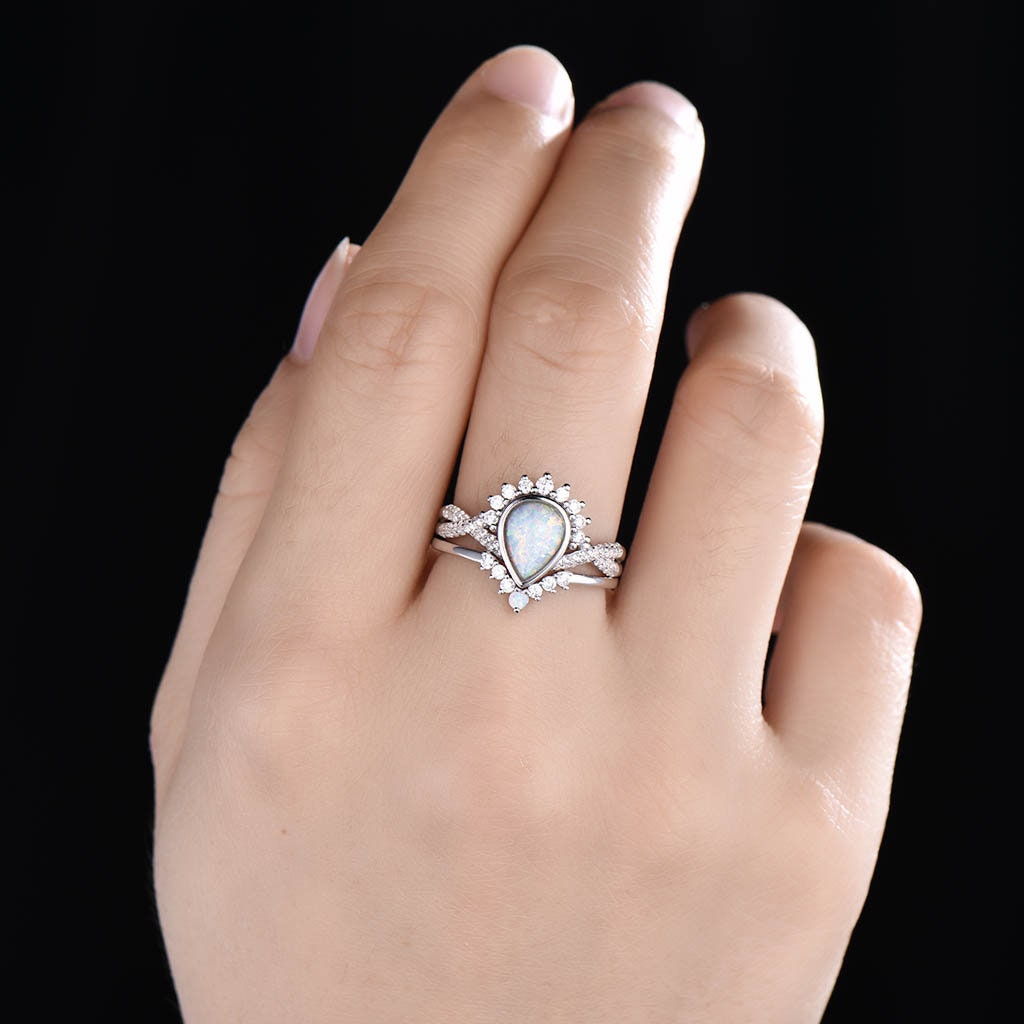 Opal Engagement Ring Set, Pear Shaped White Fire Opal Ring, Opal Wedding Ring Set, Statement Ring, Stacking Ring, Bridal Set, White Gold