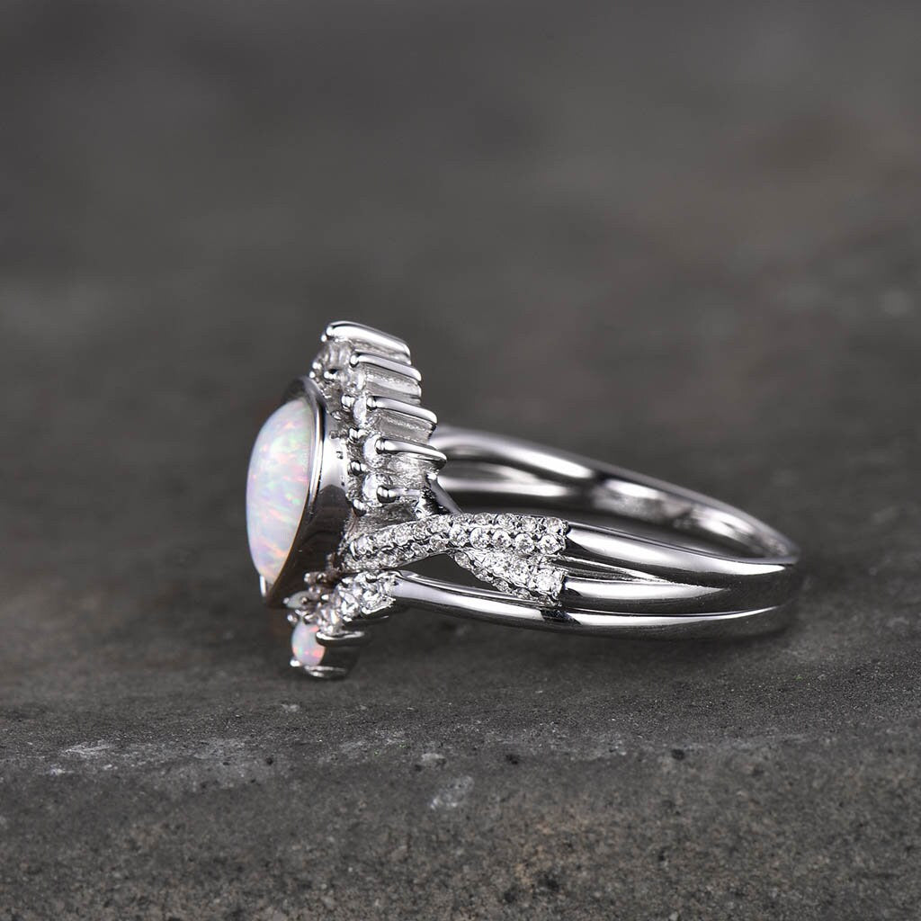 Opal Engagement Ring Set, Pear Shaped White Fire Opal Ring, Opal Wedding Ring Set, Statement Ring, Stacking Ring, Bridal Set, White Gold