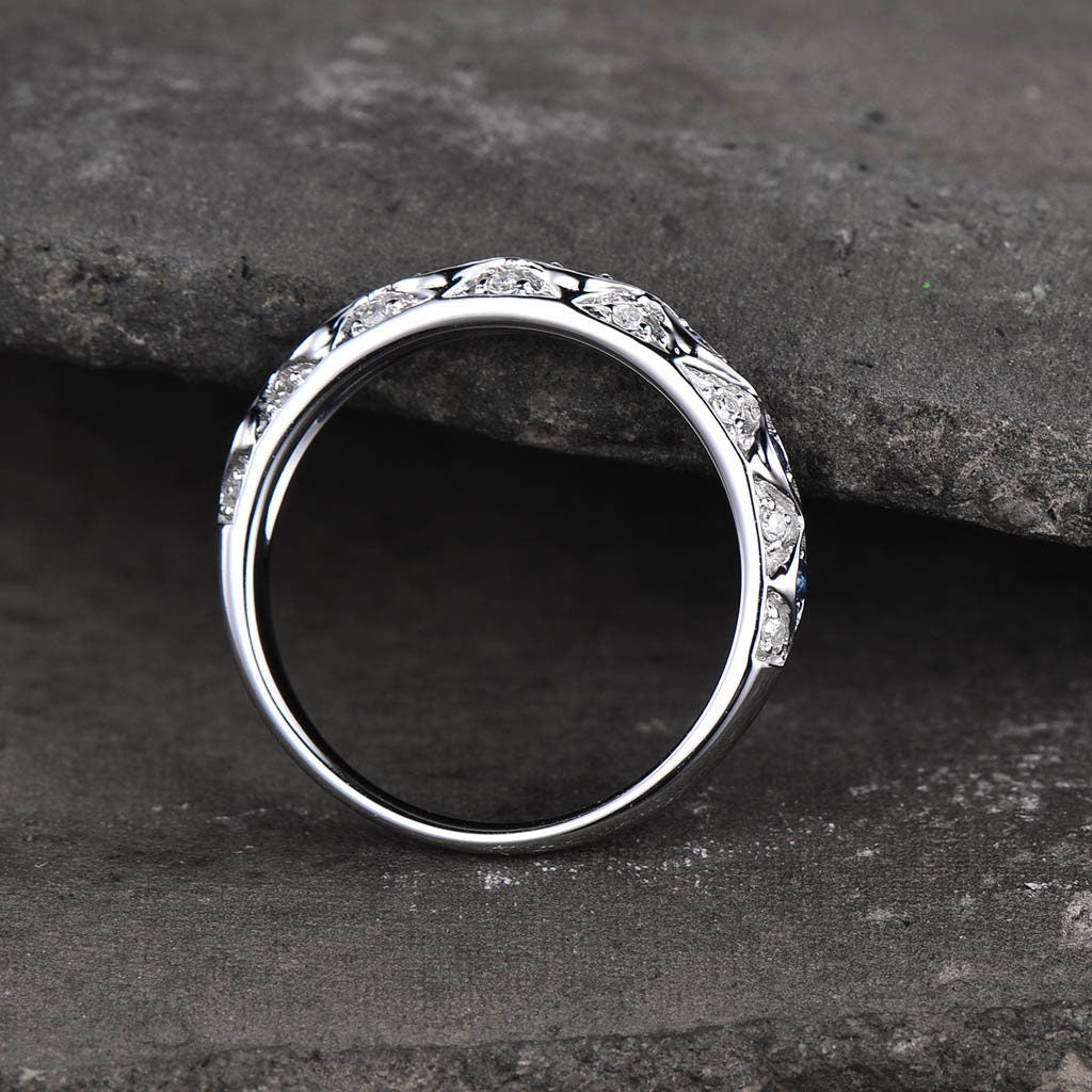 Antique Sapphire Wedding Band 925 Sterling Silver Vintage Wedding Ring September Birthstone Stacking Ring Anniversary Gift for Her Handmade