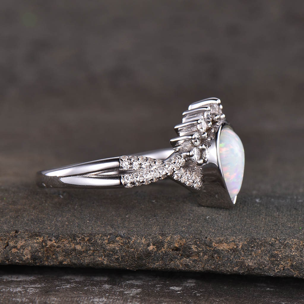 Opal Engagement Ring Set, Pear Shaped White Fire Opal Ring, Opal Wedding Ring Set, Statement Ring, Stacking Ring, Bridal Set, White Gold