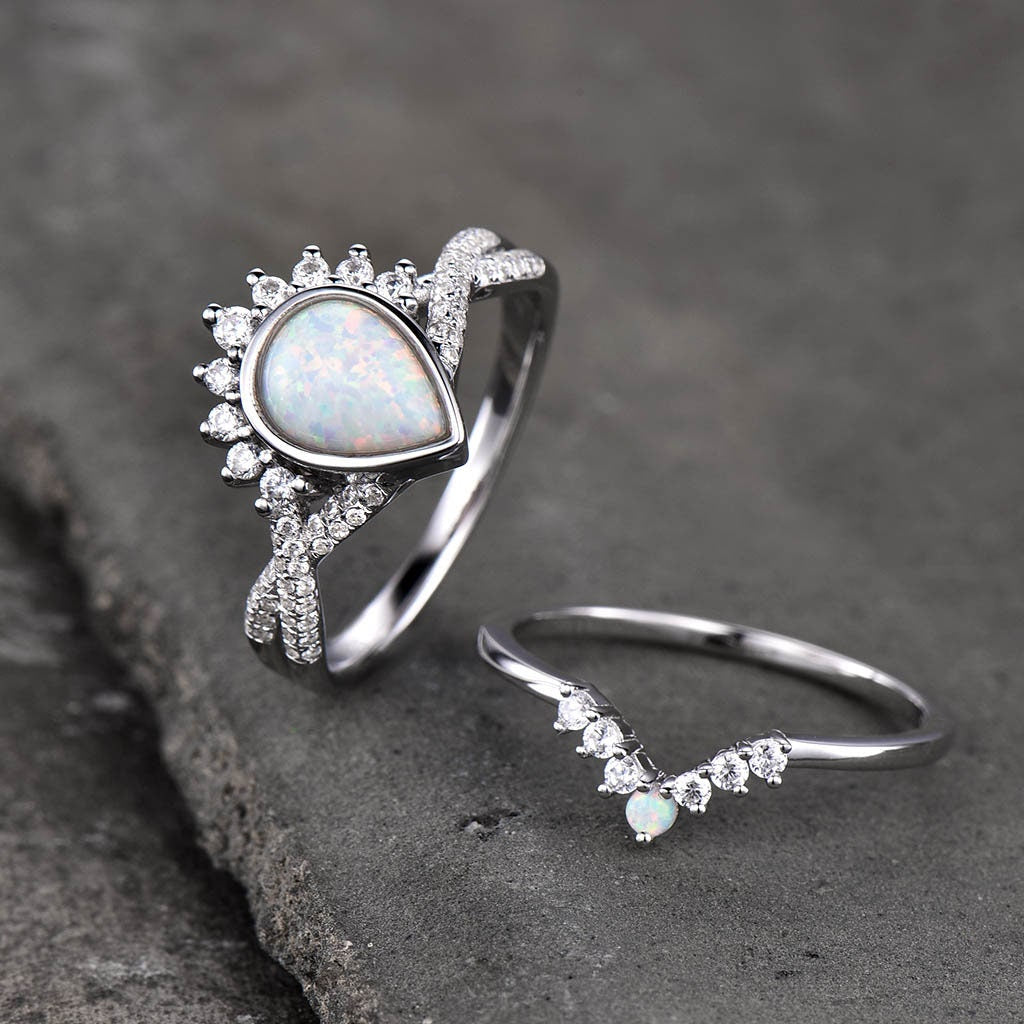 Opal Engagement Ring Set, Pear Shaped White Fire Opal Ring, Opal Wedding Ring Set, Statement Ring, Stacking Ring, Bridal Set, White Gold