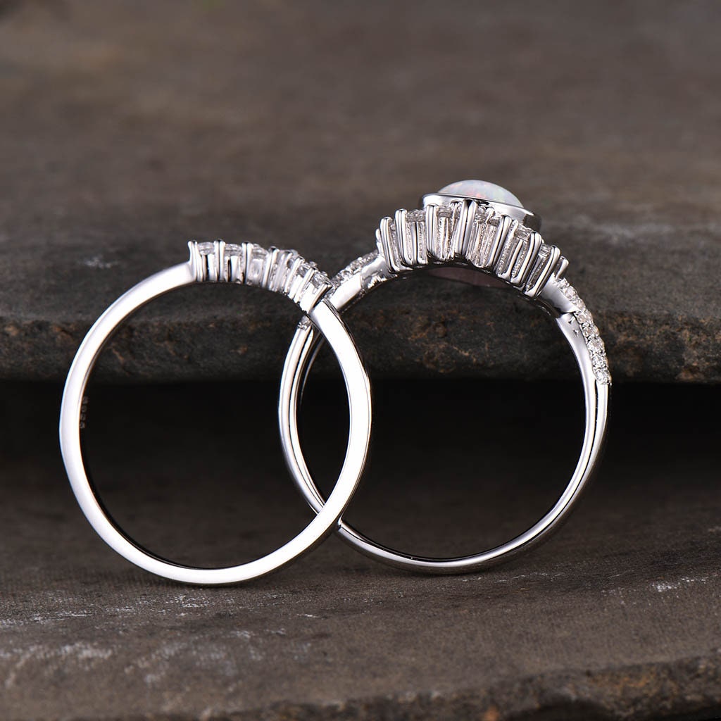 Opal Engagement Ring Set, Pear Shaped White Fire Opal Ring, Opal Wedding Ring Set, Statement Ring, Stacking Ring, Bridal Set, White Gold