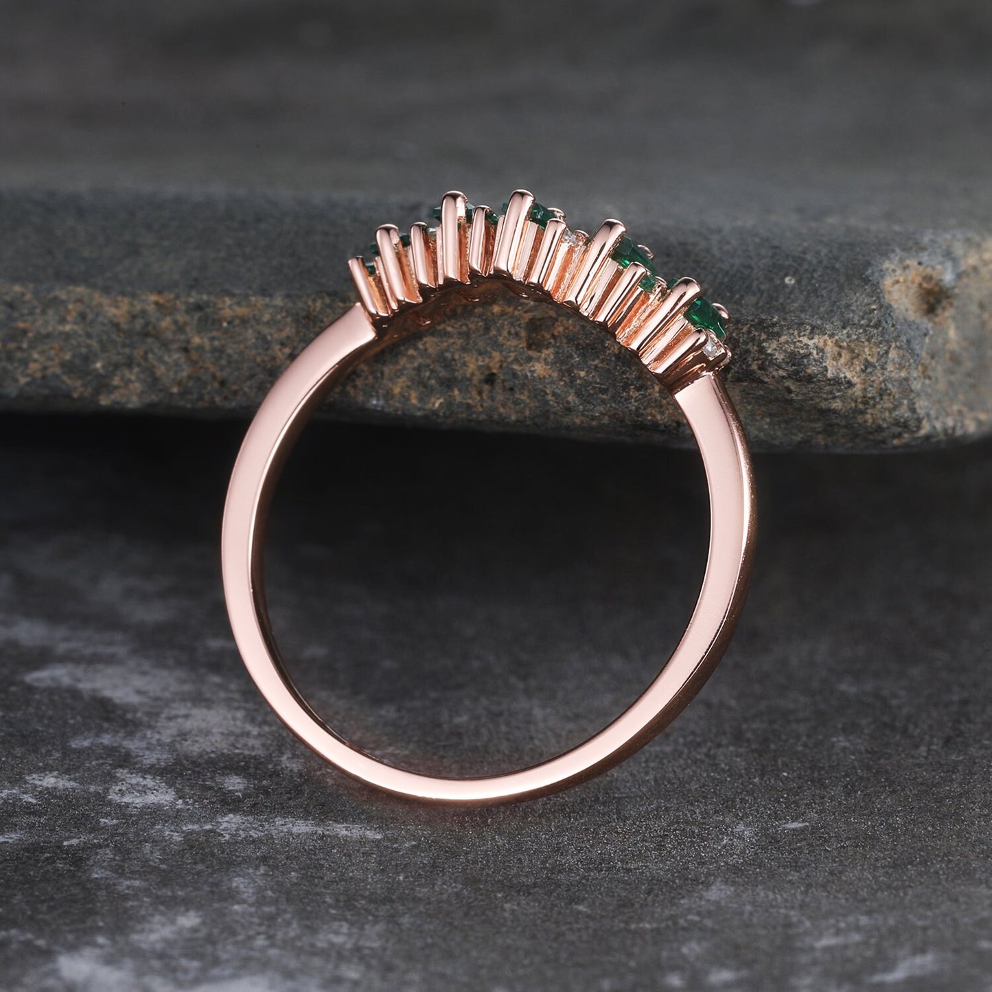 Vintage Curved Emerald Band Baguette Cut Emerald Wedding Ring Rose Gold Ring Green Stone Ring Stacking Matching Band May Birthstone