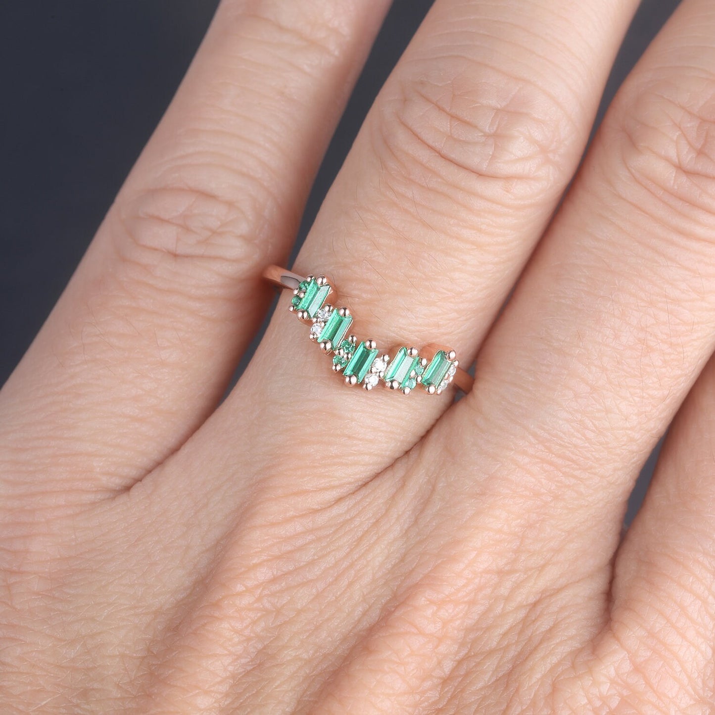 Vintage Curved Emerald Band Baguette Cut Emerald Wedding Ring Rose Gold Ring Green Stone Ring Stacking Matching Band May Birthstone