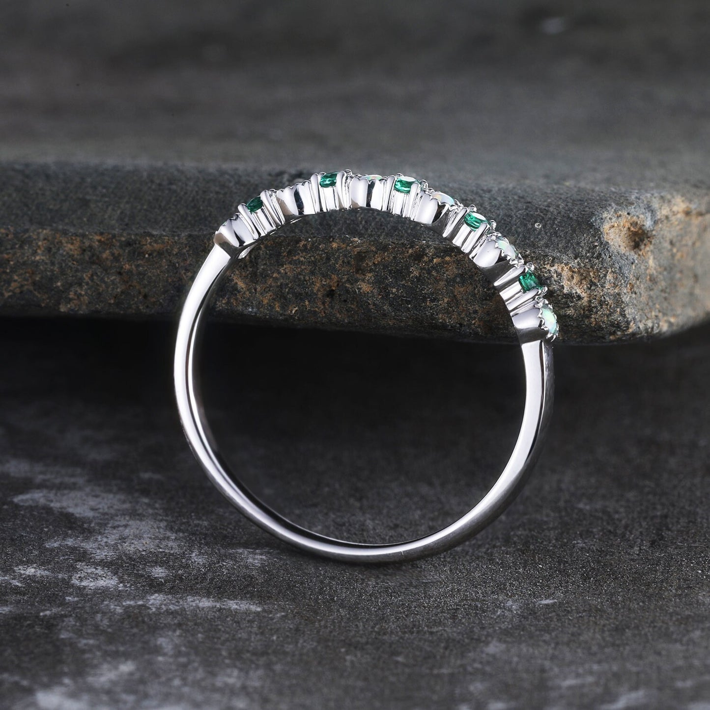 Emerald Opal Wedding Band Sterling Silver Emerald Wedding Ring Opal Band Art Deco Stacking Matching Band Anniversary Ring Gift for her