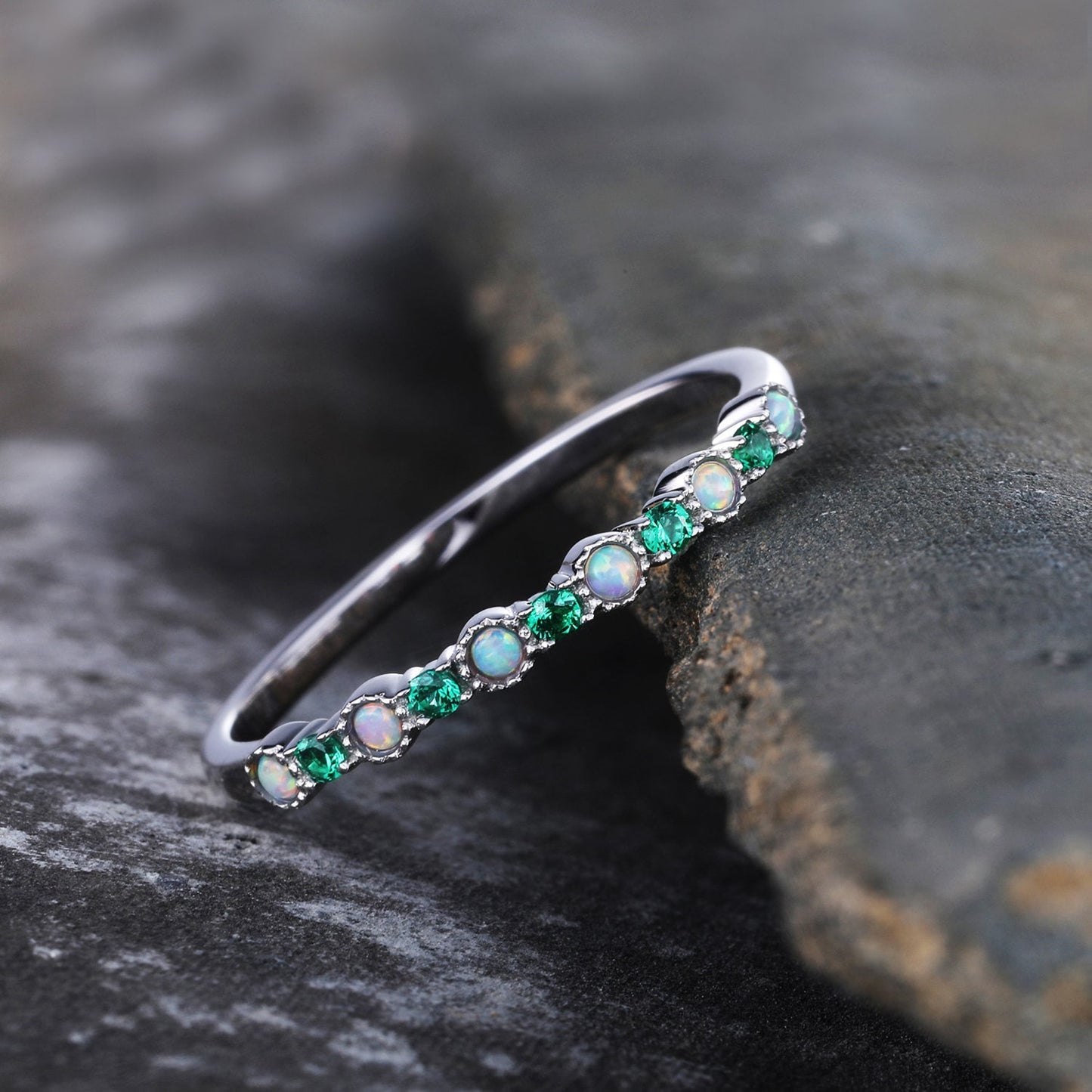 Emerald Opal Wedding Band Sterling Silver Emerald Wedding Ring Opal Band Art Deco Stacking Matching Band Anniversary Ring Gift for her