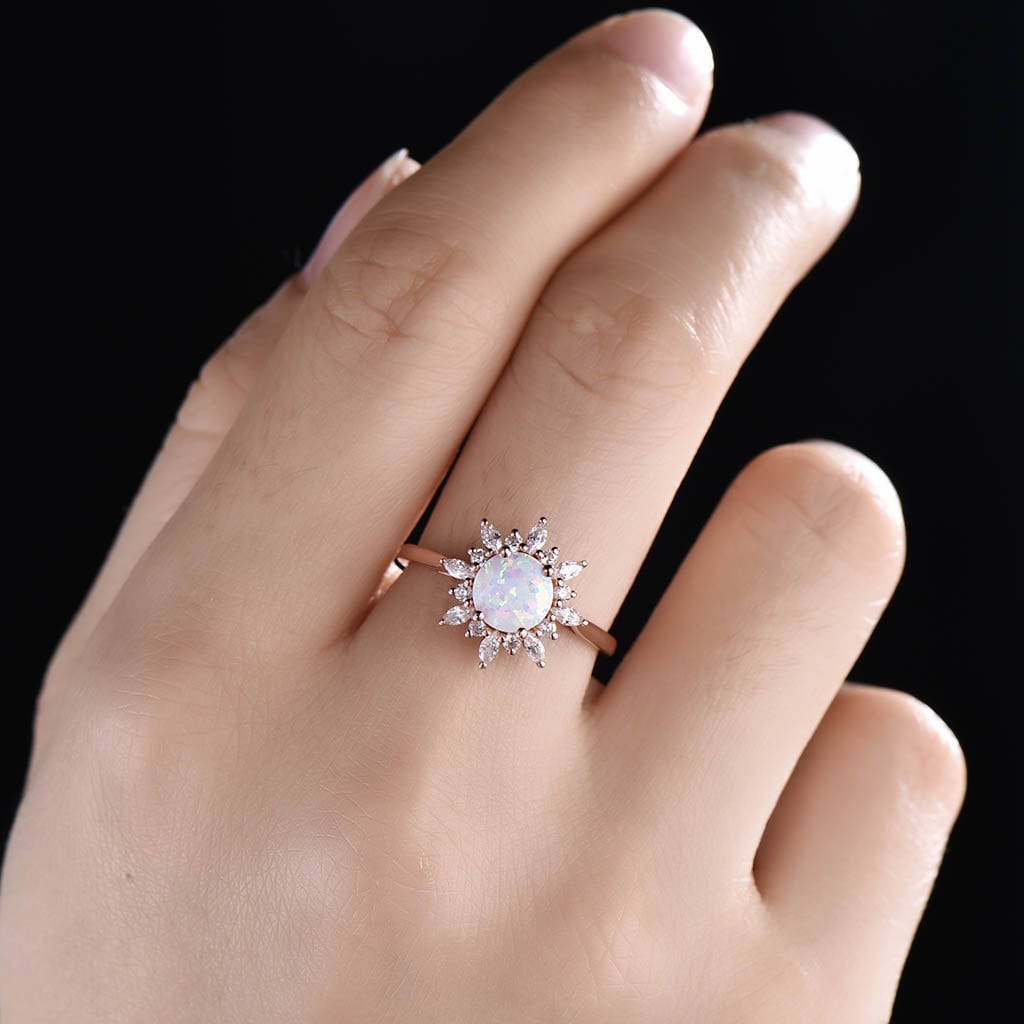 Vintage Opal engagement ring rose gold opal ring unique halo ring opal solitaire ring promise ring October birthstone Anniversary gift