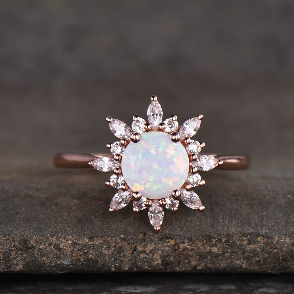 Vintage Opal engagement ring rose gold opal ring unique halo ring opal solitaire ring promise ring October birthstone Anniversary gift