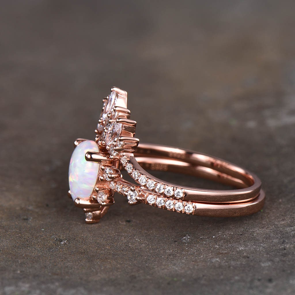 Vintage Opal Engagement Ring Set, Women Rose Gold Rings, Pear Shaped White Opal Ring, Unique Cluster Stacking Band, Promise Gift