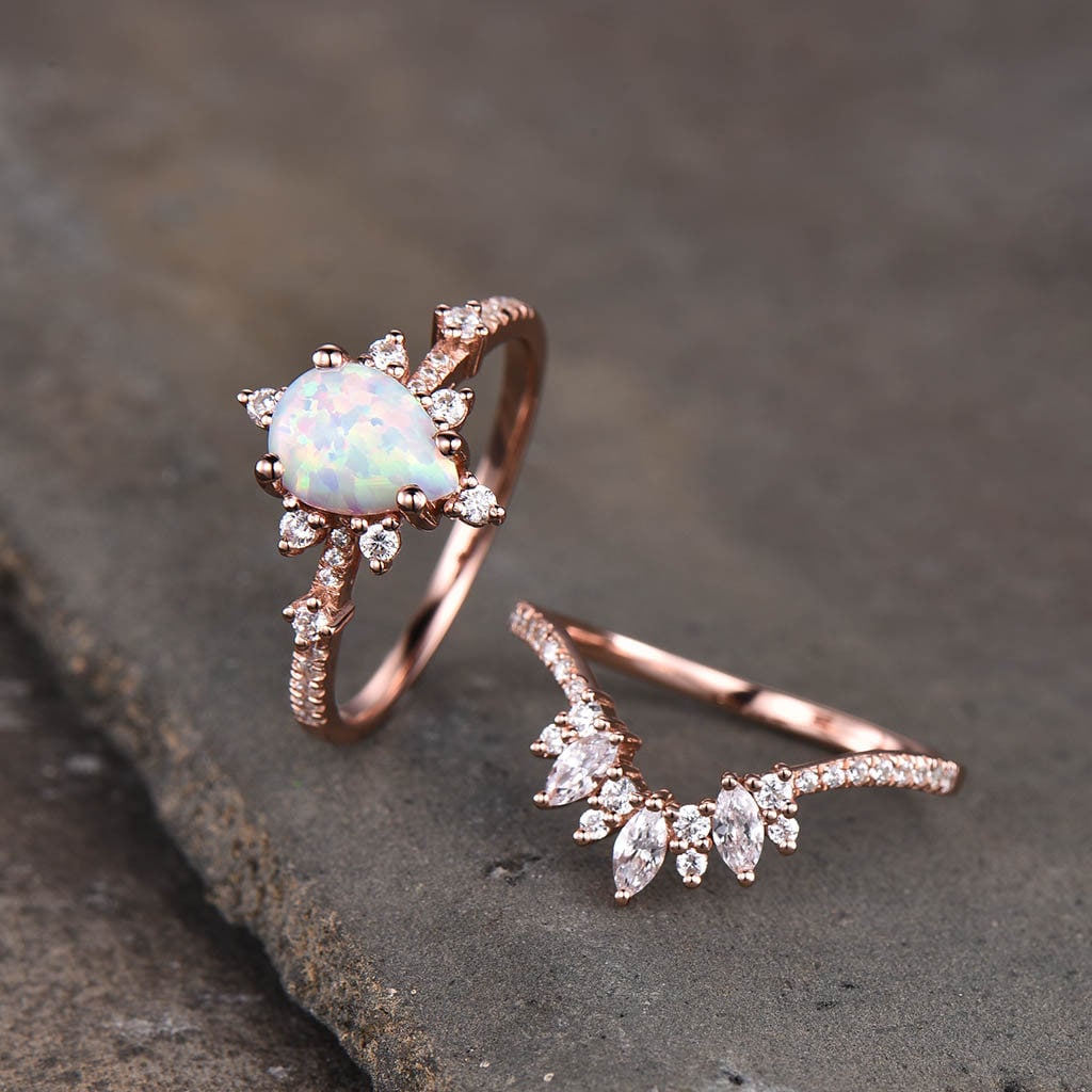 Vintage Opal Engagement Ring Set, Women Rose Gold Rings, Pear Shaped White Opal Ring, Unique Cluster Stacking Band, Promise Gift